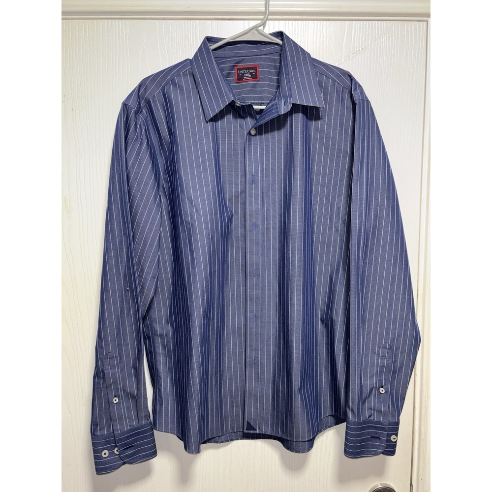 UNTUCKit Gifford‎ Shirt Men's Large Navy Pinstripe Long Sleeve Wrinkle Free